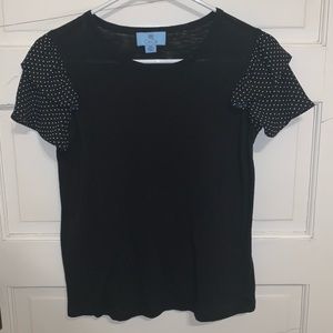 Cece Woman's High Neck Black T-Shirt with Ruffle Frill Polka Dot Sleeve XXS